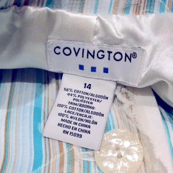 Covington Womens Blazer Jacket Size 14 Large Blue White Floral Stripe Lace Trim - Picture 4 of 12